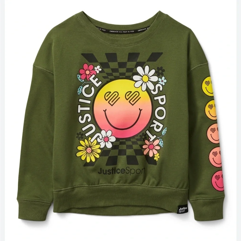 Justice Sport Olive Green Smiley Floral Sweatshirt Medium